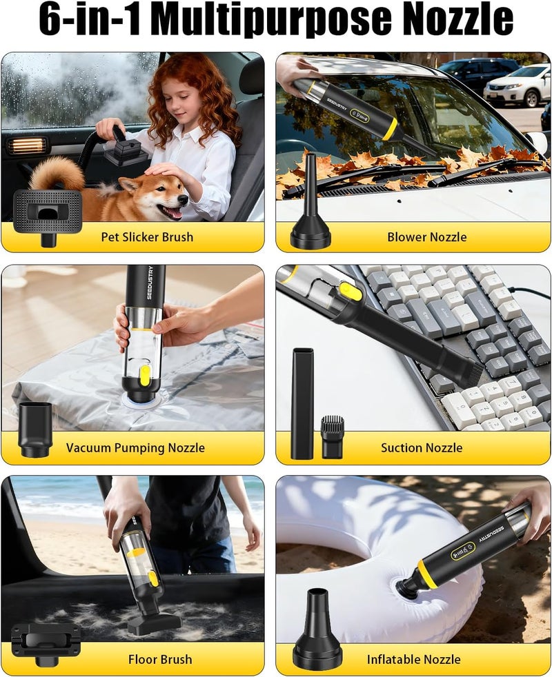 SEEDUSTRY Handheld Vacuum Cleaner Cordless, Mini Small Car Vacuum, Portable Pet Hair Vacuum, 3 Suction Modes-Up to 18000pa, 6 Blow & Suck & Deflate & Inflate Nozzles for Car, Pet, Office, Home - Image 3
